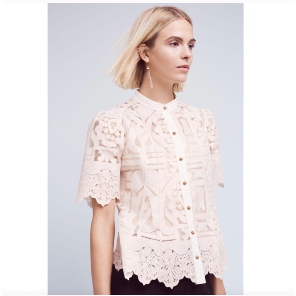 Floreat Anthropologie Ivory Rose Gold Lase Cut Lace Blouse